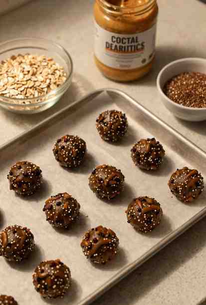 Close overhead shot of no-bake energy bites on wax paper on a small baking tray. Ingredients visible nearby: rolled oats, natural peanut butter in a jar, a small bowl of ground flaxseed. Warm, slightly dim kitchen light. Not overly styled — looks like someone actually made it. Text on image later."